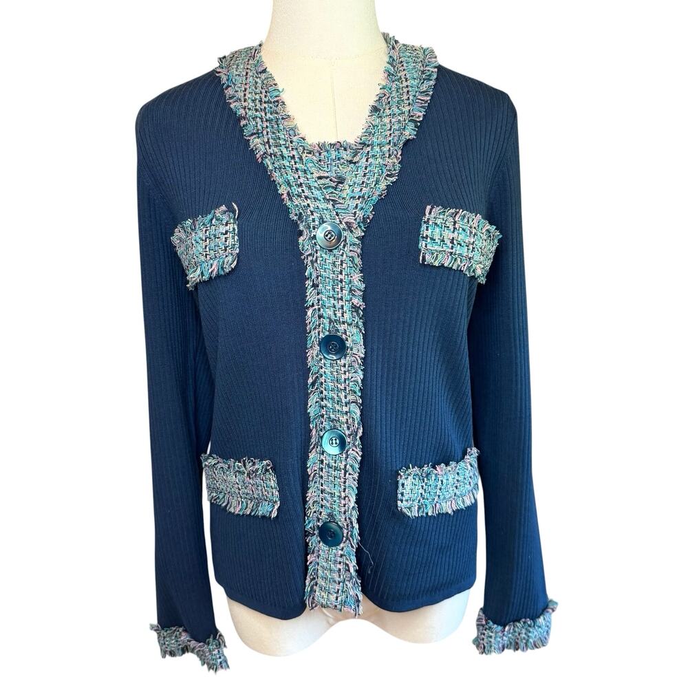 Doncaster 2 piece set Blue Tweed Multi Color Cardigan/Tank Silk Blend Women’s S